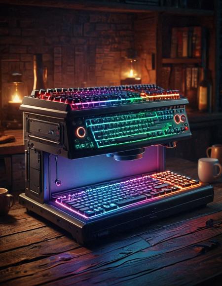 rgb keyboard, warm lighting, firelight flickering in the background, cozy and slightly mysterious atmosphere, the RGB keyboard adding a technological touch, rich textures, low-key lighting <lora:RGB_Keyboard_themed:1>