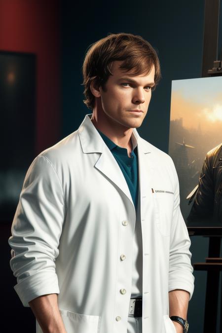 picture of dextermorgan-1000, a man with (short hair:1.1) (wearing a lab coat:1.2),modelshoot style, (extremely detailed CG unity 8k wallpaper), photo of the most beautiful artwork in the world, professional majestic oil painting by Ed Blinkey, Atey Ghailan, Studio Ghibli, by Jeremy Mann, Greg Manchess, Antonio Moro, trending on ArtStation, trending on CGSociety, Intricate, High Detail, Sharp focus, dramatic, photorealistic painting art by midjourney and greg rutkowski, leather belt, explosions in background, (looking at viewer), (detailed eyes:1.2)