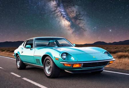 european 70s sports car, high quality, high resolution, on a long straight road, at starry night, milk way background, pastel colors, lineart