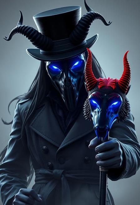 Four demon eyes, top hat, symmetrical demon horns coming out of hat from head, (long mask beak), detailed Plague doctor mask, Cyberpunk plague doctor, neon silhouette, super long DBZ style hair, extremely long hair, black_hair, neon lighting on eyes, four neon deep blue_eyes on hellhound, Bloodborne style, Dante devil May cry trench coat, full body, ray tracing, extreme detail on trench coat, holding out a walking cane with the head of a hellhound glowing, holding cane to the side,