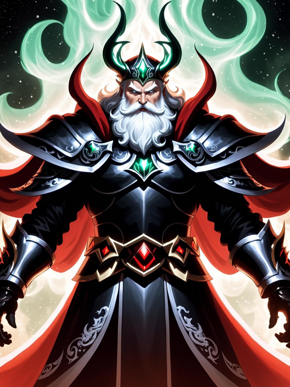 A powerful fantasy warrior wearing a Santa Claus hat and a black armor.