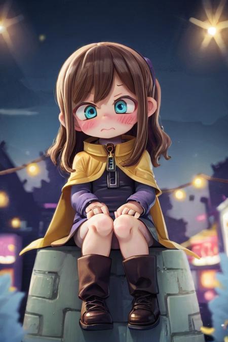 1girl, hatkid, child, brown hair, medium hair, blue eyes,  yellow cape, purple jacket, zipper, beige pants, boots, embarrassed, sitting, city <lora:hatkid:1>