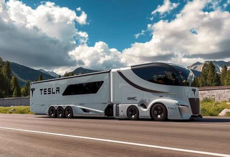 plants, trees, surrounded by trees and mountains in the background. the sky is blue with some clouds., yfg-r1gs a white tesla semi truck driving down a road with mountains in the background. the truck is surrounded by lush green grass and the sky is filled with white, with a logo on the vehicle and a cloudy sky in the background. the trailer has 8 sets of axles., yfg-r1gs a futuristic bus driving down a road with a futuristic design, surrounded by rocks and trees. the truck is part of the gmc black widow concept, with a wall in the background and a clear blue sky above., with a starry sky above.