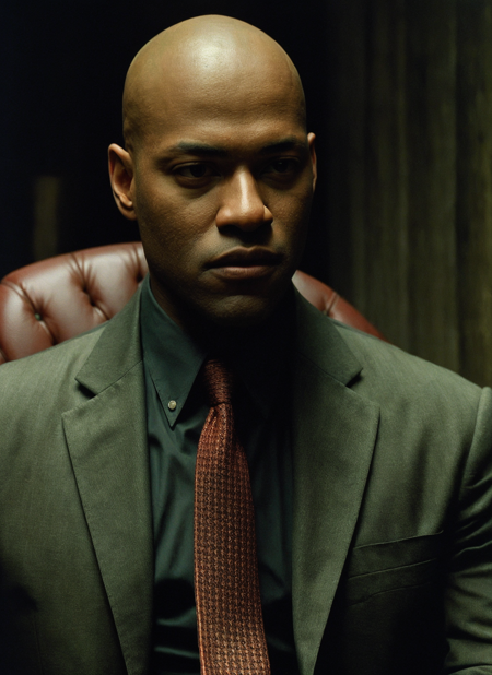 the matrix movie  <lora:the_matrix_movie_ar_offset:1>, (masterpiece), (extremely intricate:1.3), (realistic),  beautiful lighting, professional lighting, film grain,
portrait of morpheus, male focus, solo, realistic, bald, looking at viewer, green eyes, blurry, dark skin, formal, shirt, closed mouth, necktie, red chair