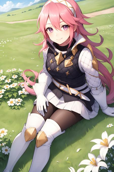 soleil hairband, armor, white shirt, long sleeves, black vest, belt, white miniskirt, white gloves, black pantyhose, thigh boots