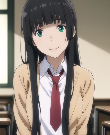 kowata makoto,(anime art:1.1),1girl, solo, necktie, long hair, black hair, smile, green eyes, school uniform, cardigan, bangs, shirt, blunt bangs, red necktie, white shirt, upper bodym,indoors,