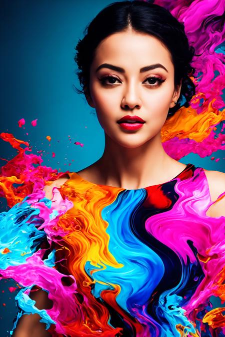 Abstract, 8K, photo shot from front, mid-body portrait, highly-detailed, girl in a fluid and dynamic pose, wearing a loose, flowing pink dress, mysterious expression, curly black hair, [Zhang Ziyi|Aishwarya Rai], in a modern and abstract setting, with bold and colorful abstract art, blurred background, bright lighting