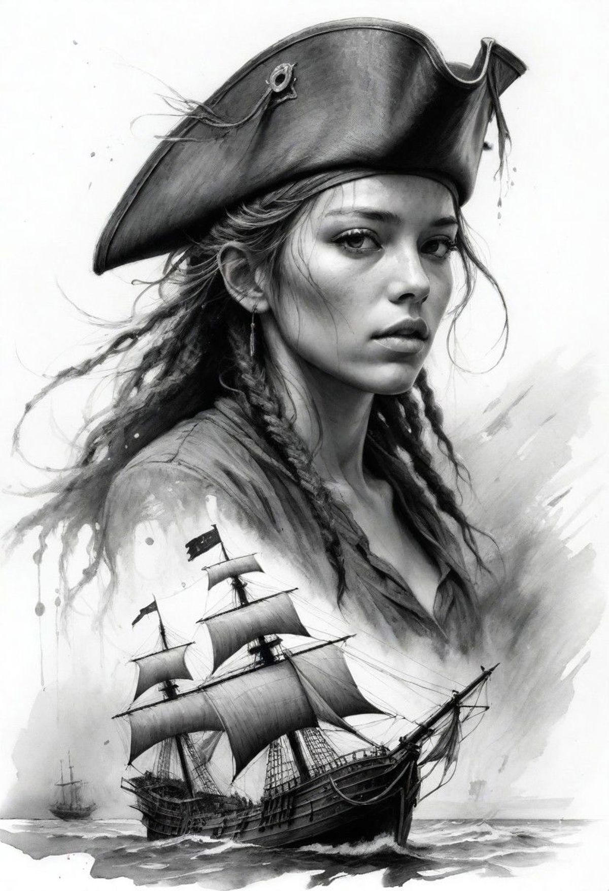 A girl with long braids, a pirate hat, and a painting of a sailboat in the background.