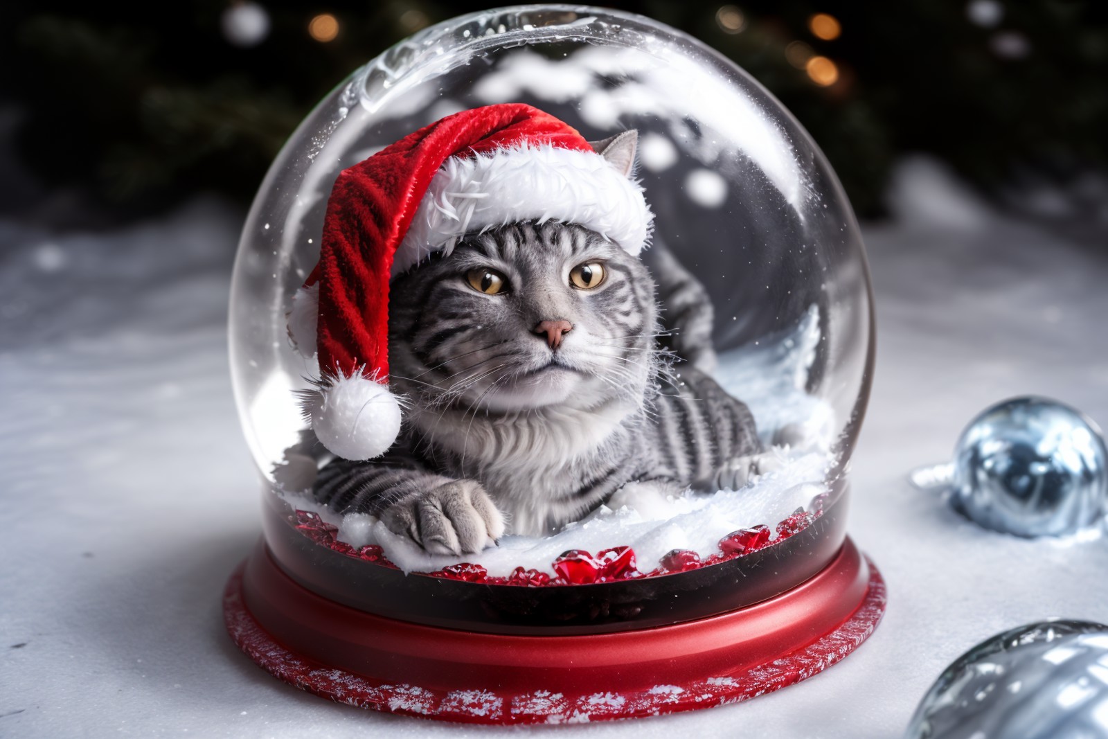 <lora:Xmas3:0.7> Xmas ice covered snowglobe of a cat wearing santa hat with icicles surrounded by neatly wrapped christmas...
