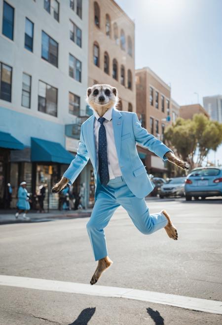 photo of an anthropomorphic meerkat in a light blue suit, jumping over the street, in the style of street photography, sunny day, los angeles background, unsplash
