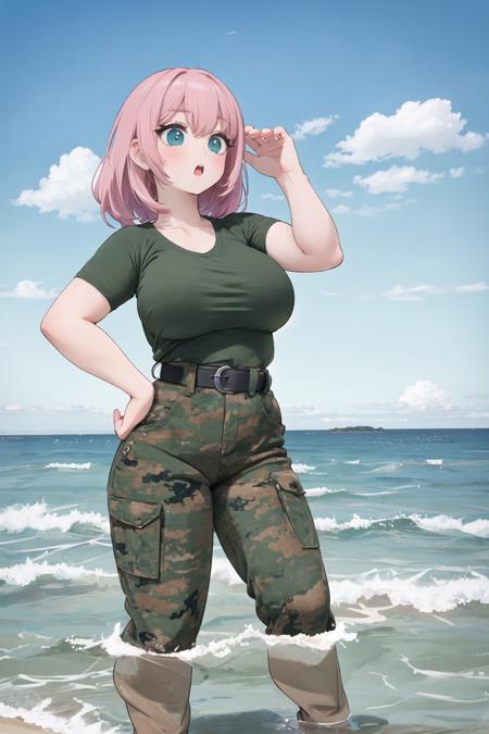 bootsnutes, <lora:bootsnutes3:0.6>, shirt tucked in, green shirt, t-shirt, camouflage pants, black belt, belt buckle, 1girl, wading, ocean, beach, partially submerged, :o, surprised, large breasts, wide hips