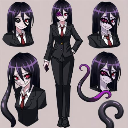 extra pupils, unusual eye, facing_viewer, hair_between_eyes, asymmetrical eyes, smiling, sharp teeth, 1girl, long hair, ageha, monstergirl, full body,  monster girl, a drawing of a girl with black hair and red eyes, tentacles, extra arms, tail, smile, closed_eyes, long_hair, solo, slit pupils, monster_girl, eyeshadow, extra_eyes, black_hair, purple hair, red eyes, (business suit), wearing formal business suit, sharply dressed