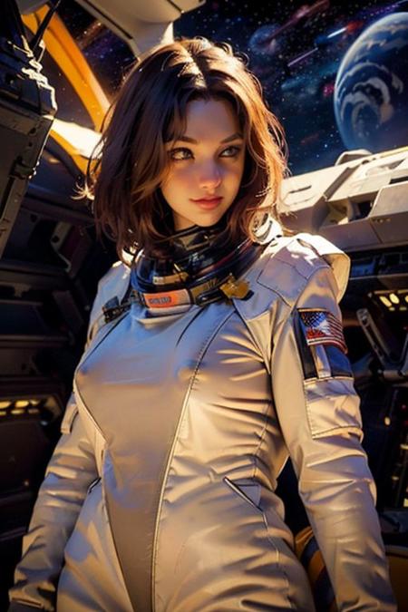 ((Portrait of an astronaut girl))0((night sky, in the space, Giant planet in the background0Cosmic Light0Inside the spaceship):1.3), (Short straight hair), Shining Aqua Eyes, longeyelashes, lightsmile, ((Thin and well-fitting spacesuit)), Carl Larsson, Realism, Dutch Golden Age painting, Verism, depth of fields, Cinematic lighting, reflective light, (shadings:0.9)0wide angles, Lens Flare, masutepiece, Textured skin, Super Detail, Best Quality, Detailed fabric texture0upper Shot,oil painting, braless, covered nipples