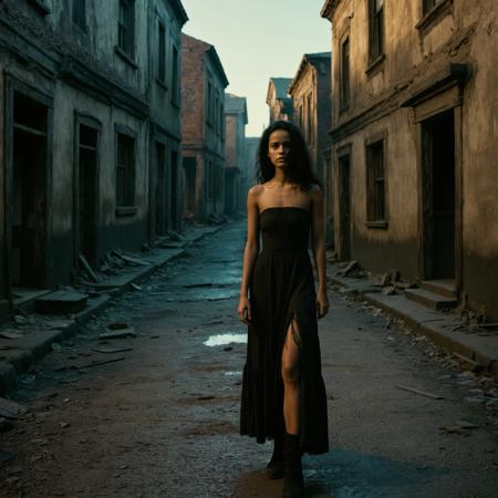RAW full body analogue photo of a beautiful 20 years old woman, clear focus, 8K,__Random_Woman__,In a forsaken town, time had stopped. Amidst crumbling buildings, a hauntingly beautiful girl, her attire in tatters, wandered the desolation. Her steps echoed through empty streets as a spectral presence watched. The once-thriving town whispered of dark secrets, and the girl's porcelain beauty masked an otherworldly presence, hinting at a sinister tale of abandonment and dread. ,low light, soft natural light, Rembrandt style light, Hasselblad DLSR camera, 200mm Zeiss lens, f/2.8, ,Sexy pose, erotic pose, exhibitionism
