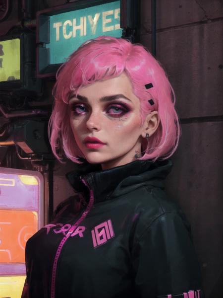 close-up, night club, underground club, neon lights, a punk female, makeup, short pink hair, tattoo, techwear outfit, crowd, industrial, muchRealisticV0_4