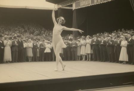 a dancer  photo, found footage, stained photo, 1920s, stage, spectators, outdoor