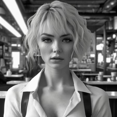 <lora:lilly_bell_xl_lora_35:1>  lilly bell woman masterpiece, close up,  concept art, highly detailed, (black and white), mid shot, centered, dynamic angle, cyberpunk theme, stylish, stylish hair, Cafe background, Volumetric lighting, depth of field, focused shot, (epic composition, epic proportion), Award winning, HD