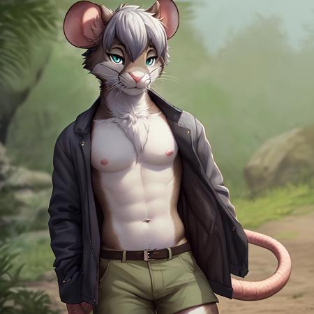 dark fantasy art, uploaded on e621, anthro, nsfw, furry, explicit, explict, (by mrsafetylion, mrjimmydafloof, h0rs3, ruaidri, spelunker sal), ((rat)), high res, ((detailed realistic image)), (detailed eyes, expressive eyes), impasto impressionism, insane details, soft, cinematic lighting, (hyper realistic fur:1.3), (detailed fur:1.2), pupils, (full body view), (fur covered body), (male),  (athletic:1.2), (chubby:1.1), (rat face), (rat features), (expressive face, detailed face), (smirk), (anime style hair:1.5), (realistic quality:1.3), photographic quality, <hypernet:furry_2:1>, nipples, belly button, (posing), full color, (3d:1.4), leering, (chubby belly:1.1), (rat teeth), (graying hair:1.3), shorts, kemono, open jacket,