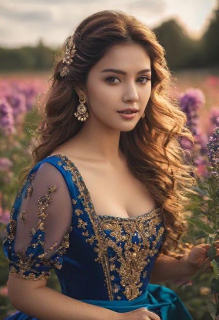 [Create a highly realistic photo of a young, slight smile, camera focused around 21 years old [Tamil:Japanese:Caucasian:1:1:1] girl model in deep blue-purple velvet dress and blue-purple rose field background. The dress has gold embroidery and it reflects the golden hour light. (The image should be detailed and lifelike, making it challenging to discern whether it's a real photograph or a digital creation. Focus on achieving realism in her facial features, skin texture, and hair, and ensure the lighting contributes to the overall authentic appearance.) Hair is long and silky, floating in air. Partially visible earrings. Dimple. (Detailed gray eyes)] detailed, romantic, very inspirational, beautiful, elegant, lovely, cute, pretty, modern, epic composition, fabulous atmosphere, cinematic light, dynamic dramatic ambient, (sharp)