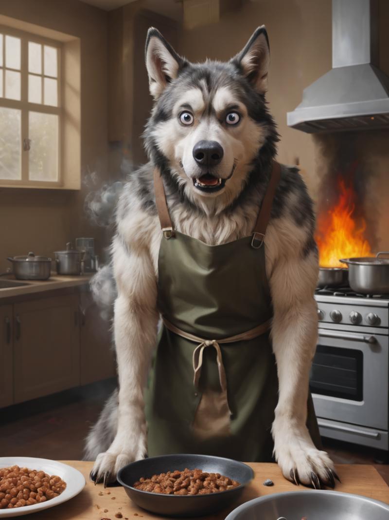 A cartoon of a husky wearing an apron and standing in front of a stove.