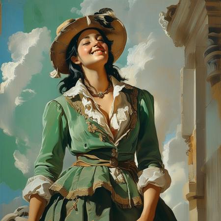 score_9, score_8_up, score_7_up, style of Giovanni Battista Tiepolo, painting, solo, 1girl, smiling, mouth closed, black hair, hour glass figure, makeup, wearing a layered green blouse, dress, jacket, hat, elegant, fantasy, vibrant colors, intricate details, fantasy, masterpiece, detailed