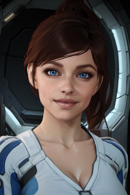 Sara,solo,brown hair,blue eyes,lips,freckles,short hair,ponytail, upper body, awkward smile,  lounging, 
Ryder, white and blue casual wear, cleavage, 
space pod, neon lights, (insanely detailed, beautiful detailed face, masterpiece, best quality) <lora:SaraRyder:0.8>