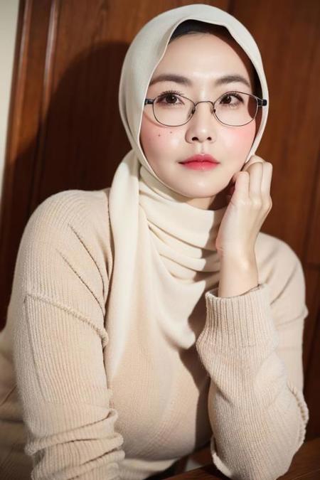 (masterpiece), (high quality, best quality, realistic, expressive eyes), classroom, (upper body), 1girl, mature female, mole under mouth, hijab, dress, glasses