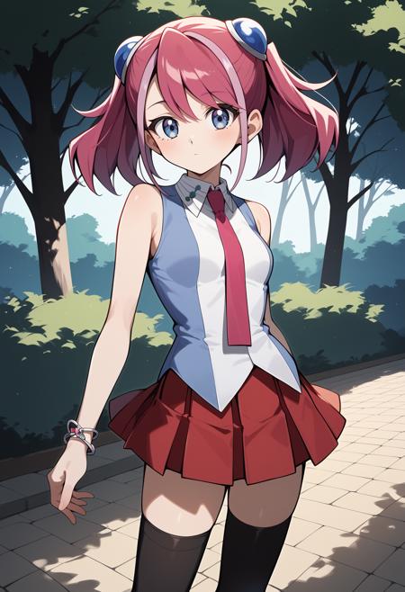 aayuzu, multicolored hair, pink hair, short twintails, hair ornament, blue eyes, small breasts, pink necktie, sleeveless shirt, multicolored shirt, bracelet, pleated skirt, red skirt, black thighhighs