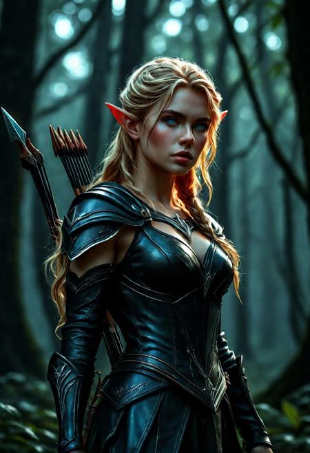 High resolution of ultra-realistic Beautiful Elven Archer girl, ultra-realistic body, perfect athletic body, Attractive Elf girl, artgem, WLOP, standing in the middle of a dark forest, beautiful Sadie Sink as Elf Archer girl, night of the full moon, realistic elven leather armour, defiant and seductive, covered in dirty and blood, cinematic colors Lighting, extremely detailed, 8K, wavy blonde hair, realistic dirty pale face, realistic blue eyes, beautiful Elf girl on in dark fantasy cool outfit, hyper-detailed, hyper-realistic, Attractive 21 old years Elf woman, Attractive, beautiful firm Breasts, wet and sweaty skin, Dark fantasy style, Dark fantasy atmosphere, sharp focus, digital painting, Photograph Taken on Nikon D750, Alphonse Mucha, 8K, athletic figure, Hyperdetailed, hyperrealism, attractive woman, beautiful woman of athletic body, Attractive bust girl, asymmetric balance