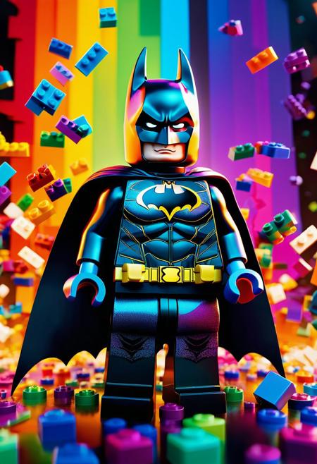 Fantasy concept art. intricate fantasy Lego Batman, disintegrating complementary rainbow colors maximalism, vibrant, complementary color scheme with NYX-like shadows. high-fantasy, mysterious, detailed, cinematic, trending on Artstation, Unreal Engine 5, 8k resolution, best quality.
