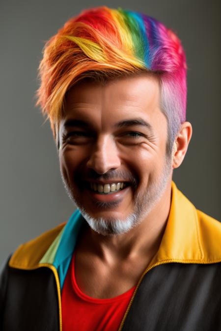 analog style, modelshoot style, portrait of sks man smiling with the ok sign by Flora Borsi, style by Flora Borsi, bold, bright colours, rainbow Mohawk haircut, ((Flora Borsi)) <lora:darin:1>