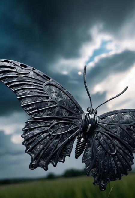 Macro, macro photography,  close-up, cybernetic butterfly( made of forged carbon), bokeh, deth from the field, dramatic clouds, high contrast, cinematic depth, 8k detail, photorealistic,