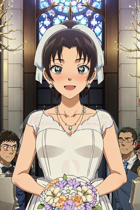 kazuhatv,1girl,solo,short hair,hair ribbon,ponytail,small breasts,wedding dress,nose blush,happy, wedding, jewelry, earrings, necklace, happy, church,

<lora:kazuhatv:0.8>