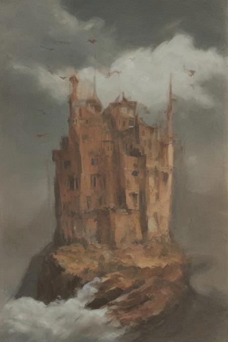 oil painting, of a castle on a cliff, forest, night, a flock of bats flying in the dark sky, reddish moon, clouds tainted red, dark theme, still life, shadows, haunted castle