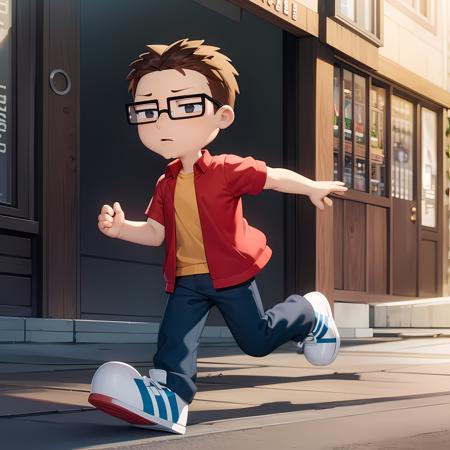 ((masterpiece, best quality)),(complex lighting), 1boy,full body,solo, Steve smith,   <lora:SteveSmith1-10:0.6>,glasses, red jacket, short sleeves jacket, shirt, open clothes, simple background, black eyes, cleft chin,running,