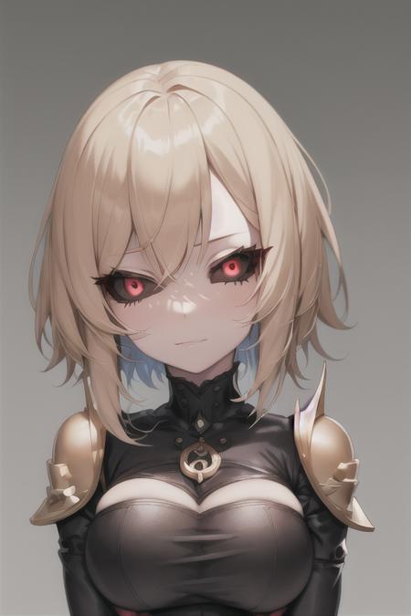 masterpiece, best quality, 1girl, black sclera, colored sclera, detailed eyes, red eyes, simple background, short hair, arms crossed <lora:black_sclera:1>