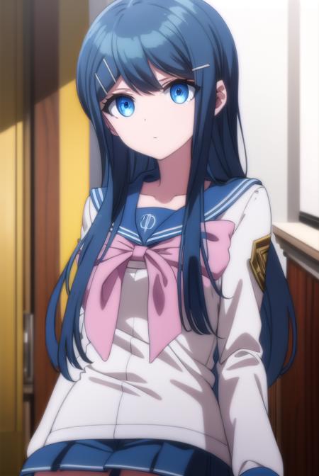 sayakamaizono, <lora:sayaka maizono s1-lora-nochekaiser:1>,
sayaka maizono, long hair, bangs, blue eyes, hair ornament, blue hair, hairclip,
BREAK long sleeves, bow, school uniform, collarbone, serafuku, bowtie, sailor collar, pink bow,
BREAK indoors, classroom,
BREAK looking at viewer, (cowboy shot:1.5),
BREAK <lyco:GoodHands-beta2:1>, (masterpiece:1.2), best quality, high resolution, unity 8k wallpaper, (illustration:0.8), (beautiful detailed eyes:1.6), extremely detailed face, perfect lighting, extremely detailed CG, (perfect hands, perfect anatomy),