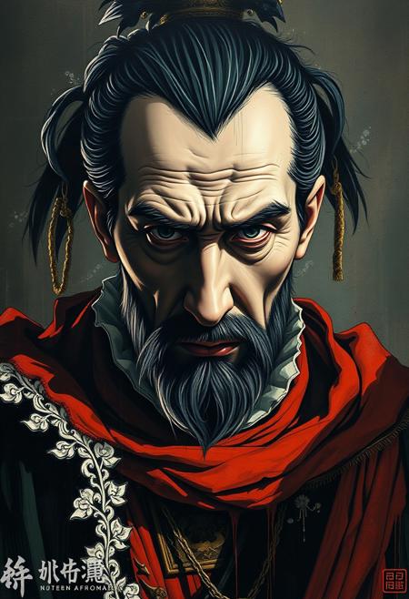 A striking, cinematic portrait of a Renaissance nobleman, painted with meticulous detail, but with bold, graphic shadows breaking up the composition., contemporary Japanese art, bold contrasts, dynamic composition, surreal elements, expressive linework, vivid colors, layered textures, mythological influences, modern Nihonga, haunting beauty, fragmented forms, emotional intensity, intricate details, abstract realism, cultural symbolism, provocative.