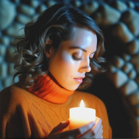 aubreyplaza a beauty photography, (close up face shot:1.2), beautiful shy young woman holding a candle to her face, age 30, wearing a orange turtle neck sweater, curly hairstyle, standing in a dark cave, candle lighting, eye level, shot on large format, Fujicolor Pro, bokeh, in style of Miles Aldridge <lora:aubreyplaza_sdxl_lora_15:1>