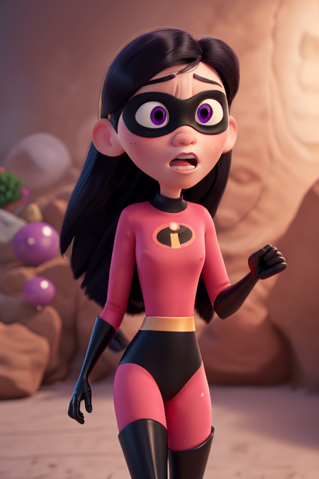 masterpiece, solo, cute adorable 1girl, violetparr, mask, long hair, black hair, purple eyes, bodysuit, gloves, boot, thighhighs, thigh boots, (surprised shocked facial expression:1.2), perfect hands, perfect face, perfect skin, subpixel vertex shading, global illumination, mountain city in the background, (best quality, masterpiece, 4k, ultra detailed, sharp focus, 8k, high definition, insanely detailed, intricate:1.2) <lora:VioletParr:1>