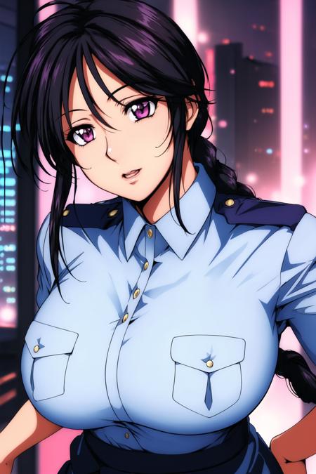 (Night:1.7), Japan, cyberpunk, CityView, Before Window,
Standing at attention,dynamic pose, 
policewoman, Blue police uniform, short sleeves,shirt,
<lora:Miyuki_Kobayakawa_Arrest-KK77-V1:0.7>,
<lora:Mariana_Luciano_NON_VIRGIN-KK77-V1:0.3>,<lora:more_details:0.1>,
black hair, bow, braid,long hair,purple eyes, 
1 girl, 20yo,Young female,Beautiful Finger,Beautiful long legs,Beautiful body,Beautiful Nose,Beautiful character design, perfect eyes, perfect face,expressive eyes,
looking at viewer, in the center of the image,(Upper_body),(Focus on her face),
official art,extremely detailed CG unity 8k wallpaper, perfect lighting,Colorful, Bright_Front_face_Lighting,shiny skin, 
(masterpiece:1.0),(best_quality:1.0), ultra high res,4K,ultra-detailed,
photography, 8K, HDR, highres, absurdres:1.2, Kodak portra 400, film grain, blurry background, bokeh:1.2, lens flare, (vibrant_color:1.2)
(Beautiful,large_Breasts:1.4), (beautiful_face:1.5),(narrow_waist),