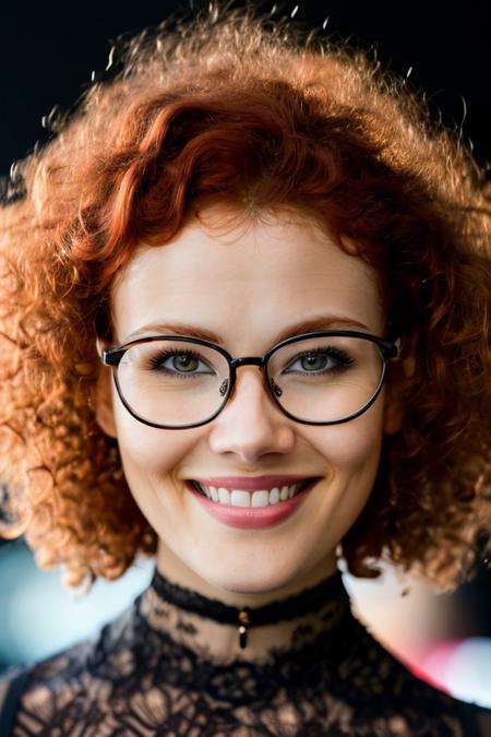 glasses, Sharp Focus, wo_heidi02, (close-up:0.8), (smiling:1.2), low key lighting, shot on Lumix GH5, cinematic bokeh, lace choker, hazel eyes, short curly red hair, (black background:1.2), sharp cheekbones, teasing, detailed skin,  <lora:woHeidi02:0.85>