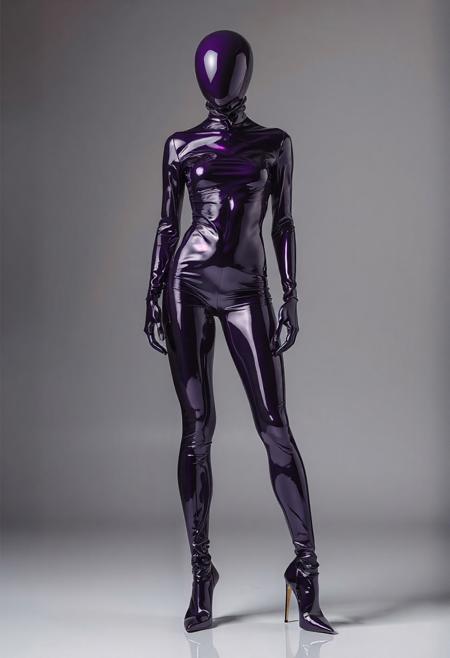 abstract model in latex shiny full body outfit  avant-garde style with amethyst  bold Color Scheme