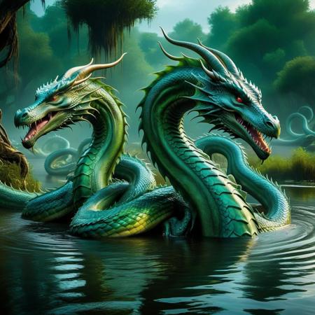 eerie swamp, hydra, three headed dragon, three necks on one body, shared body, long necks, wet, half submerged, glistening scales, (absurd res:1.2), (photorealistic:1.2), BREAK, (8k:1.0), (hi res:1.0), (masterpiece:1.0), (best quality:1.0), (realistic:1.2), (ph0t0x2:1.0), (vibrant colors:1.0)