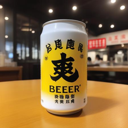 A photorealistic image of a cold, condensation-covered can of beer placed on a table in a stir-fry restaurant,(sonbeer), The table should have a typical setting you'd find in such a restaurant, like chopsticks, plates, and maybe some stir-fried dishes. The can should be in the center of the frame, and its coldness should be emphasized by visible condensation on the surface. The lighting should be warm and inviting
highlighting the coldness of the beer can as a contrast to the hot stir-fried dishes,<lora:twbeer3:0.65>