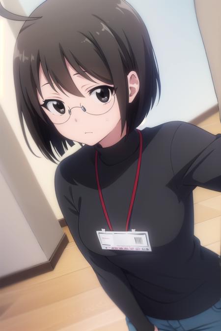 lucyyamagami, <lora:lucy yamagami s1-lora-nochekaiser:1>,
lucy yamagami, short hair, black hair, (black eyes:1.5), ahoge, glasses,
BREAK pants, sweater, turtleneck, id card, lanyard,
BREAK indoors, office,
BREAK looking at viewer, (cowboy shot:1.5),
BREAK <lyco:GoodHands-beta2:1>, (masterpiece:1.2), best quality, high resolution, unity 8k wallpaper, (illustration:0.8), (beautiful detailed eyes:1.6), extremely detailed face, perfect lighting, extremely detailed CG, (perfect hands, perfect anatomy),