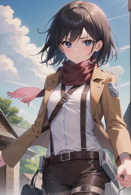 mikasaackerman, <lora:mikasa ackerman-lora-nochekaiser:1>, 
mikasa ackerman, black hair, (black eyes:1.5), hair between eyes, short hair,
BREAK belt, brown jacket, dress shirt, jacket, open clothes, open jacket, pants, paradis military uniform, red scarf, scarf, shirt, strap gap, thigh strap, three-dimensional maneuver gear, white pants, white shirt,
BREAK outdoors, village, nature, forest, grass, sun, sky, trees, clouds,
BREAK looking at viewer, (cowboy shot:1.5),
BREAK <lyco:GoodHands-beta2:1>, (masterpiece:1.2), best quality, high resolution, unity 8k wallpaper, (illustration:0.8), (beautiful detailed eyes:1.6), extremely detailed face, perfect lighting, extremely detailed CG, (perfect hands, perfect anatomy),