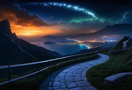 At night in the foreground is an intricate stone path curving downwards down a mountain towards the large coastal city in the background. Green shimmering fireflies sparsely line the path towards the city in the background that is built from white stone, with organic, flowing architecture illuminated by soft silver night light from the high rooftops. Crystals throughout the city emanate a gentle white glow, while heavy shadows darken the streets which are sparsely lit. The night sky is dark with an orange-toned atmosphere (red, orange, white, soft blues), violent solar storm above, arcs of space lightning crackling through the charged atmospheric haze, in the sky: a massive celestial body looms with smaller celestial bodies orbiting it, feeding off the glowing gases of a nearby nebula, tendrils of cosmic gases stretching between them, surreal space sky filled with stars and interstellar dusts suggesting this is an alien world. The streets are empty, adding to the serene, mystical atmosphere. The wonderfully constructed buildings spire in a grandiose show of power. It's part castle part city.
(masterpiece, cinematic composition, moody lighting, soft glow, epic fantasy setting, volumetric light, hyper-detailed environment, intricate textures, dramatic shadows, ultra-sharp focus, depth of field, stunning visual aesthetics, highly immersive scene,  cinematic sci-fi concept art, illustrated by Raphael Lacoste and Syd Mead).