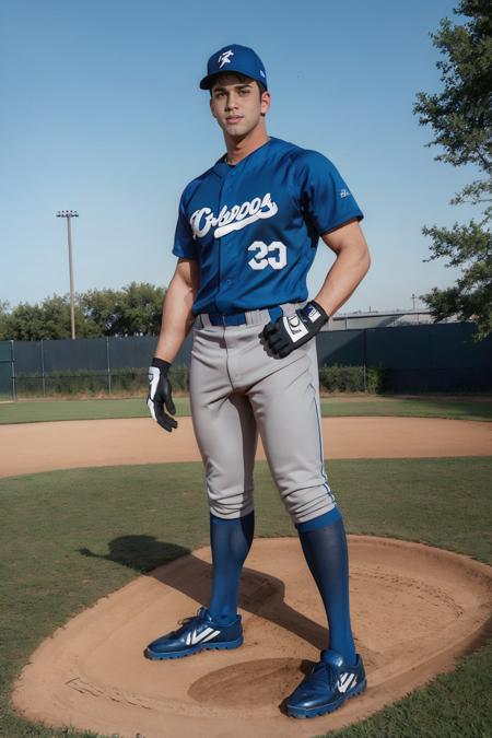 (baseball field), grass foreground, (standing), muscular DarinSilvers, slight smile, baseballplayer, ((baseball uniform)), (gray baseball pants), wearing blue (baseball jersey), wearing blue baseball cap, blue socks, black sneakers, (wearing glove), masterpiece, (((full body portrait))), ((full body)), wide angle, (looking at viewer), highly detailed, (high skin detail), (high face detail), photorealistic, RAW photo, soft lighting, high quality, (((both feet on ground))) <lora:Clothing - Sexy Baseball Player:0.75>  <lora:DarinSilvers:0.7>