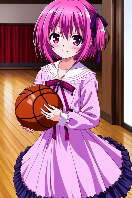 masterpiece, best quality, absurdres, ultra-detailed, indoors, <lyco:ro_kyu_bu_v4-000090:0.7>, school uniform, minato tomoka, 1girl, solo, blush, smile, short hair, hair ribbon, one side up, basketball, holding ball